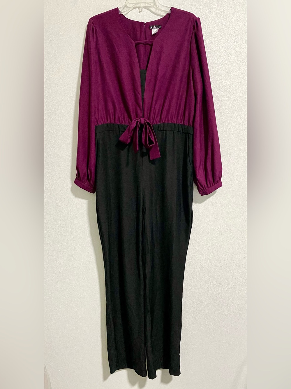 VENUS Purple/Black V-Neck Long Sleeve Tie Waist Zip Jumpsuit w/Pockets sz 16